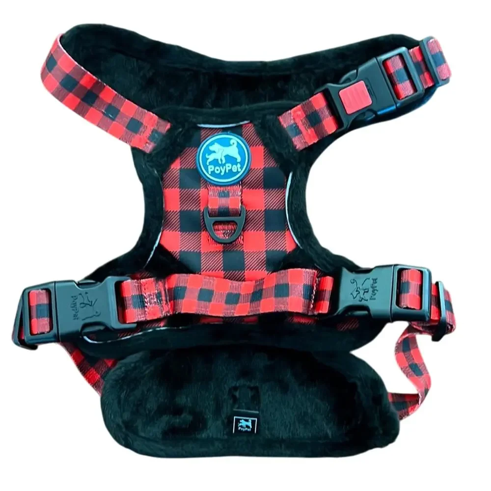 PoyPet Red & Black Check Harness with Plush Fur Lining Size Medium